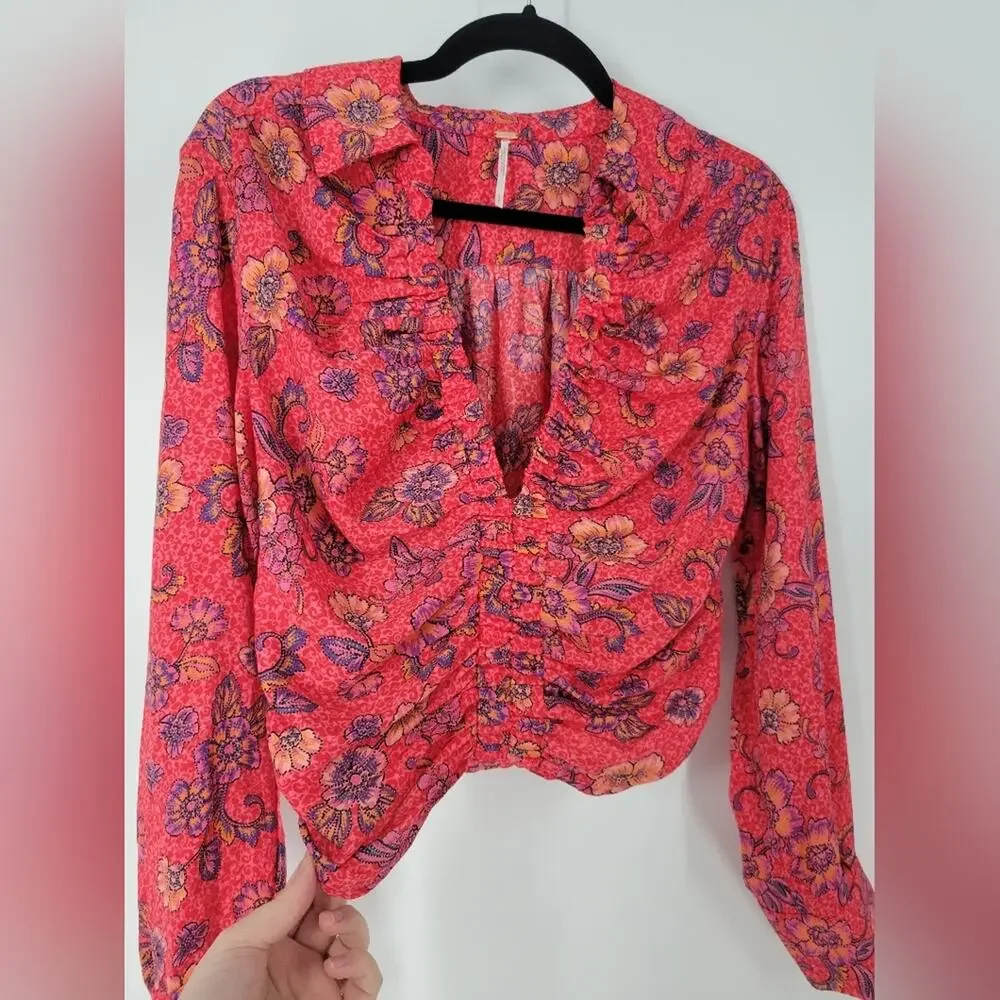 Free People Pink Floral I Got You Printed Long Sleeve Top S